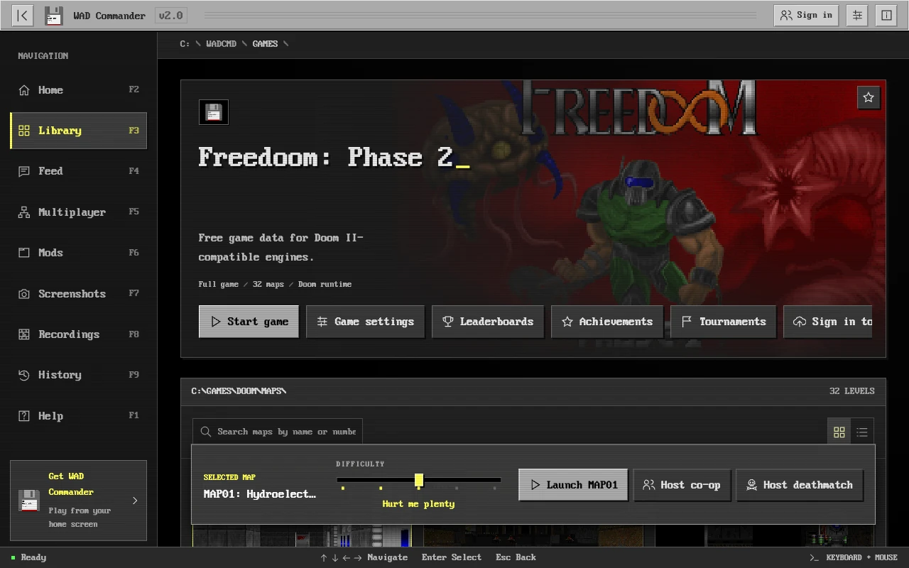 The Freedoom: Phase 2 page in WAD Commander, with its maps, leaderboards, achievements and tournaments