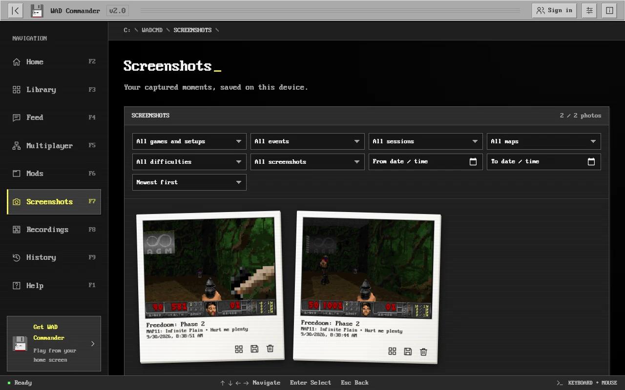 The Screenshots page in WAD Commander, with two captured moments as instant photos