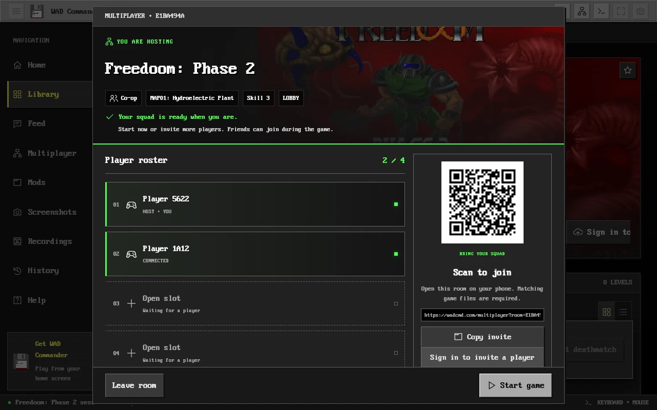 A co-op room in WAD Commander with two players, two open slots and a QR code to join